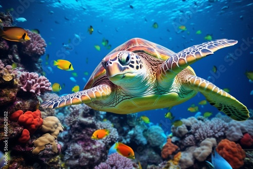 Marine Biodiversity: Turtle Amidst Colorful Ocean Wildlife © pierre