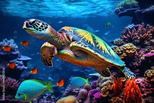 Marine Biodiversity: Turtle Amidst Colorful Ocean Wildlife
