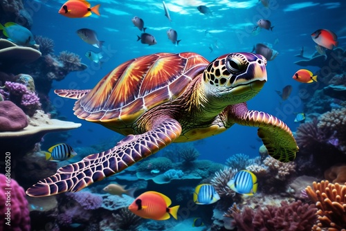 Vibrant Coral Reef  Turtle and Colorful Sea Life