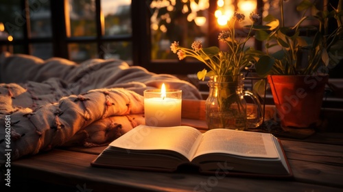 A candle and a book on a cozy reading nook. Generative AI.