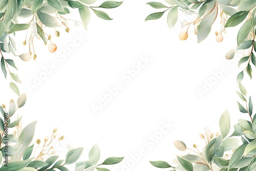 Watercolor green leaves frame. Herbal eucalyptus border. Green leaves and branches on white background. Simple minimalistic design for card, invitation, poster, save the date, wedding or greeting © ratatosk