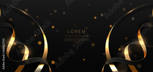 Abstract elegant black background with golden ribbon lines and lighting effect sparkle. Luxury template award design.