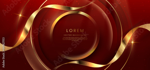 Gold circle frame luxury on red elegant background with lighting effect and sparkle with copy space for text. Luxury design style.