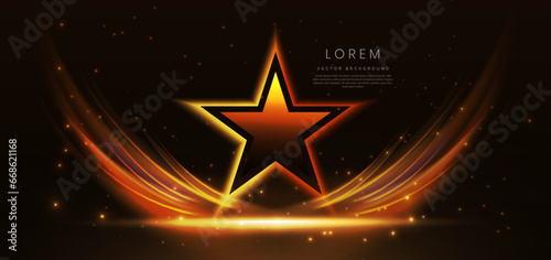 Glowing gold star with flare curved spark effect on dark brown background.