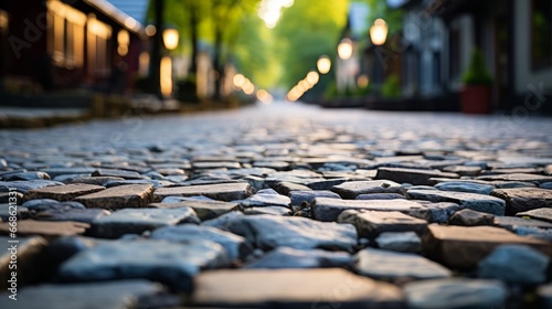 A cobblestone street with a pattern of rough. Generative AI.