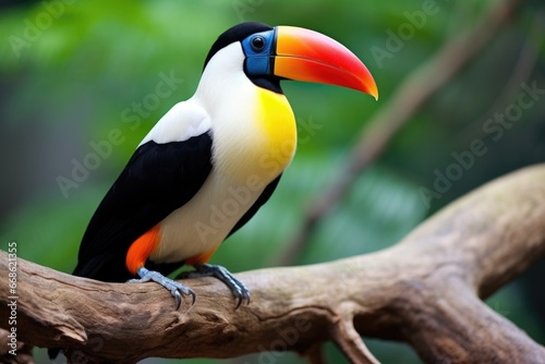 a toucan resting on a branch in a tropical forest
