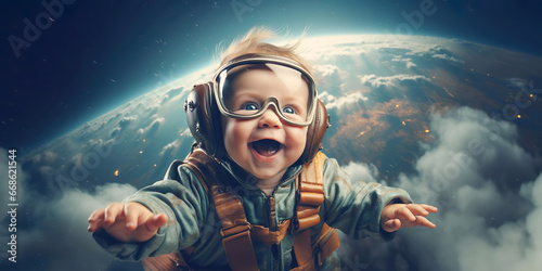 Abstract photography of the cute baby in costume of aviator. photo