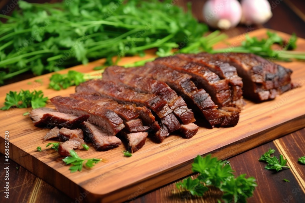 bbq brisket slices on a board with fresh parsley scattered around bbq brisket slices on a board with fresh parsley scattered around