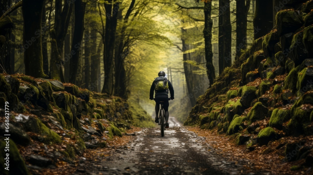 Obraz premium A cyclist riding through a forest. Generative AI.