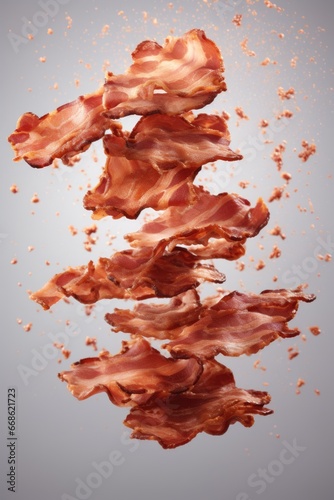 Crispy fried bacon with crunchy fly in the air on pastel background