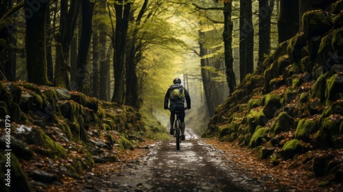 A cyclist riding through a forest. Generative AI.