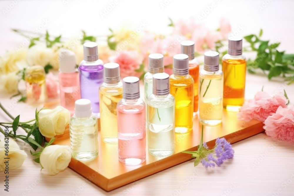 test samples of body mist products arranged on table