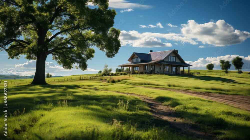 A house sitting on top of a lush green field. Generative AI.