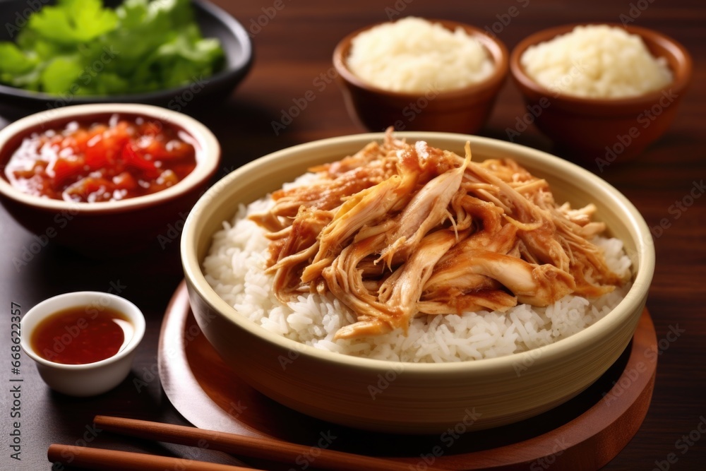shredded chicken in bourbon bbq sauce, served with rice shredded chicken in bourbon bbq sauce, served with rice