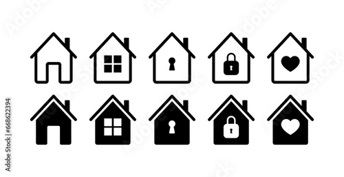 House icons. Outline, black, different houses, house with a heart, castle, keyhole. Vector icons