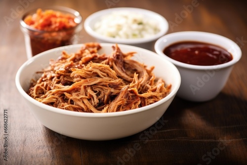 white bowl with bbq pulled pork and spilled sauce on the table