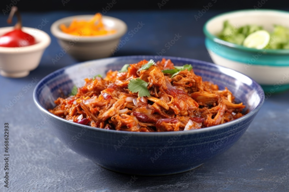 pulled pork in bbq sauce in a blue-themed bowl on a grey table pulled pork in bbq sauce in a blue-themed bowl on a grey table