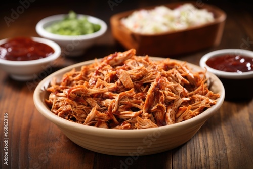 bowl of pulled pork with a big pile of barbecue sauce on the side