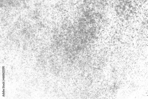 Black Halftone Texture On White Background. Modern Dotted Futuristic Backdrop. Fade Noise Overlay. Digitally Generated Image. Pop Art Style. Vector illustration.