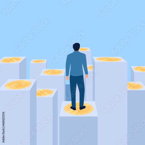 people carefully choose steps towards money, metaphor of business strategy. Simple flat conceptual illustration.