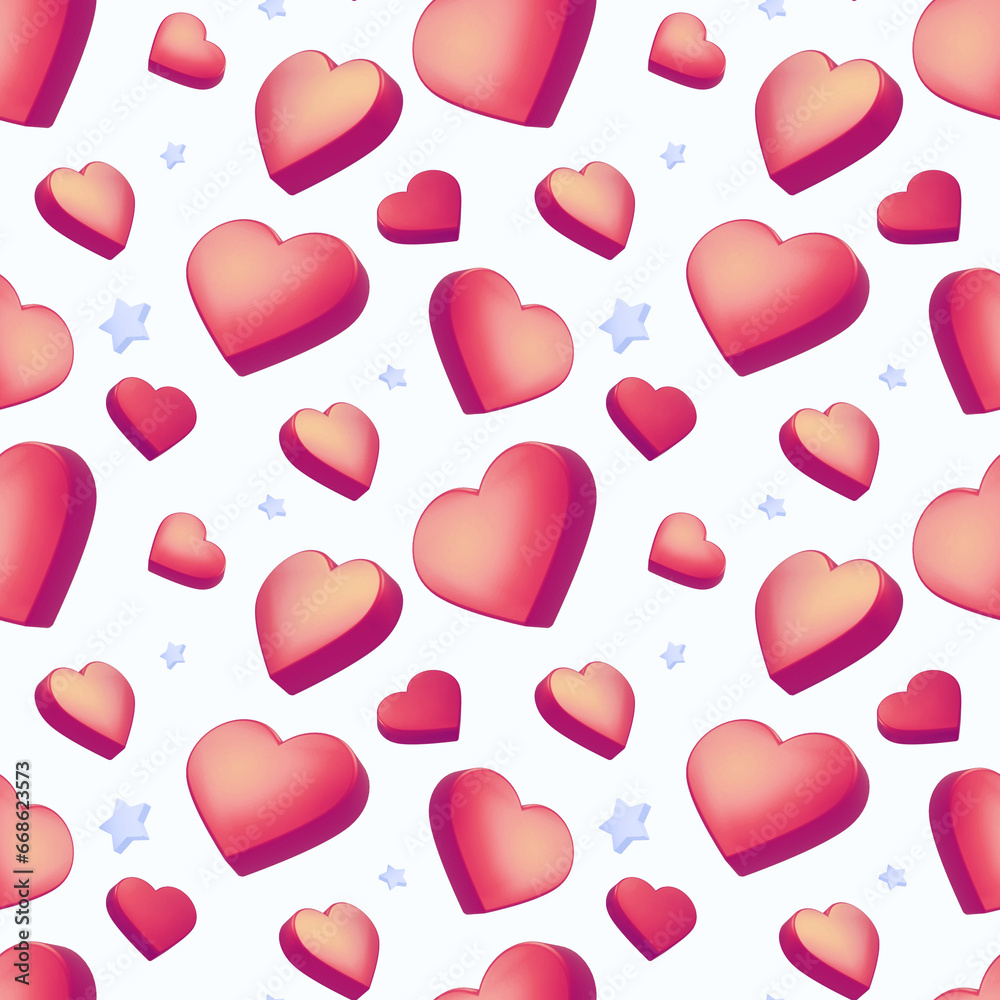 3d romantic seamless pattern with red heart on white color background with star. 3d design of love illustration