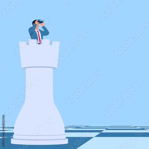 the man on the fortress looks far ahead, a metaphor for business strategy. Simple flat conceptual illustration.
