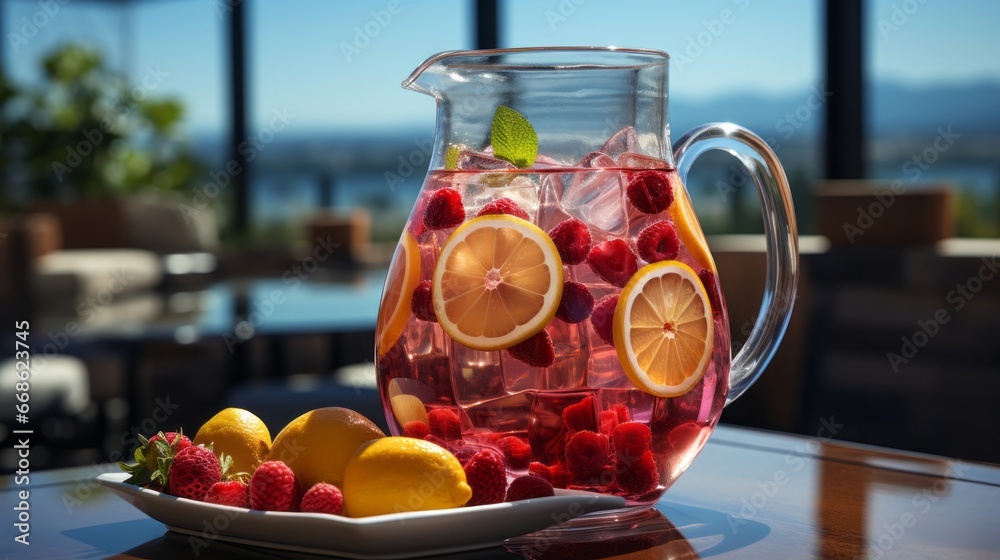 A pitcher of sangria with fruit slices floatin. Generative AI. A pitcher of sangria with fruit slices floatin. Generative AI.