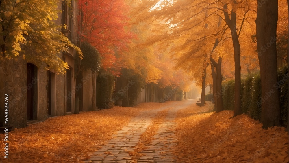 autumn alley along with tall trees with lush vibrant orange yellow foliage and bright sunlight in the distance