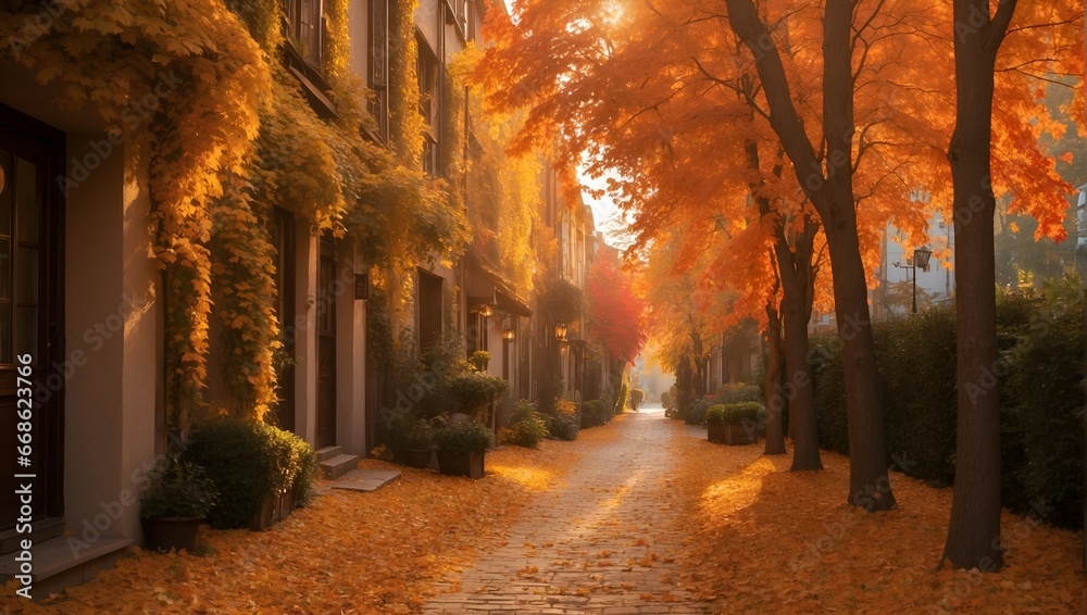autumn alley along with tall trees with lush vibrant orange yellow foliage and bright sunlight in the distance