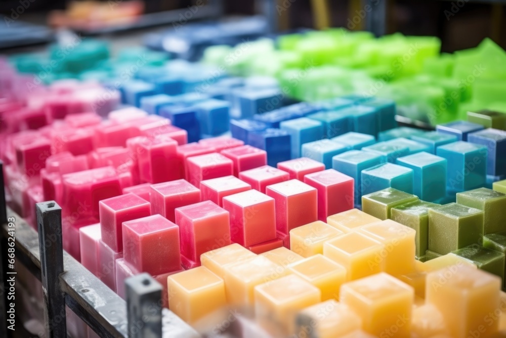 Obraz premium close-up of building blocks undergoing coloration process in factory