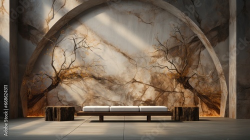 A room with a marble wall and a bench. Generative AI. © ProVector