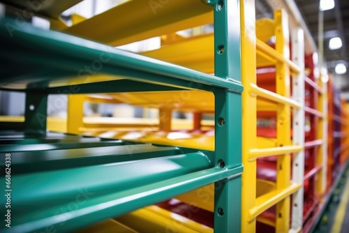 close-up of freshly painted bunk beds in manufacturing plant