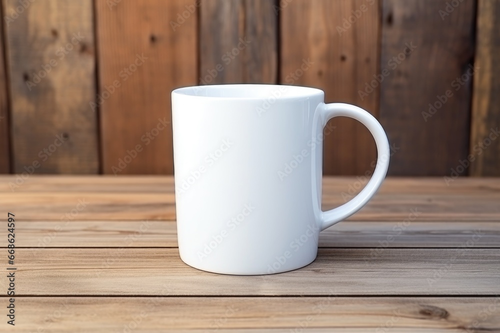 Empty blank mock up of white ceramic coffee mug on wooden table Empty blank mock up of white ceramic coffee mug on wooden table
