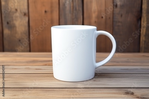 Empty blank mock up of white ceramic coffee mug on wooden table © dashtik