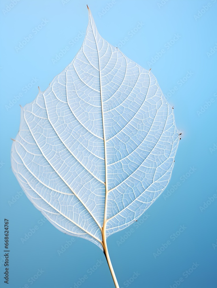 Obraz premium Ethereal Representation of a Skeletonized White Leaf against a Dreamy Light Blue Sky with Distant Bokeh Stars