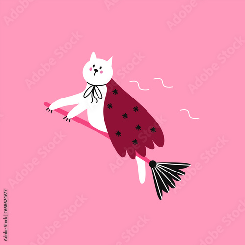 Vector illustration with cute cat flying on the broom. Halloween design element.