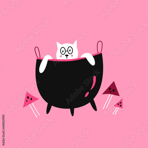Vector illustration with cute cat in witch cauldron. Halloween design element.
