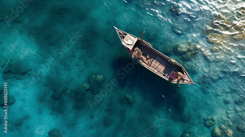 Aerial view of a wooden boat in the middle of the ocean  © nanihta