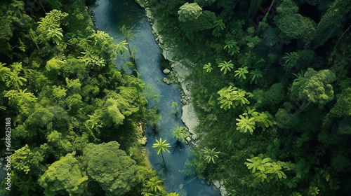 Aerial view of a wild rain forest in green tones