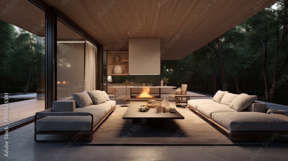 An outdoor living room with retractable glass walls and sleek, built-in seating.