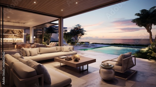An outdoor living room with retractable glass walls and sleek, built-in seating. © Adeel  Hayat Khan