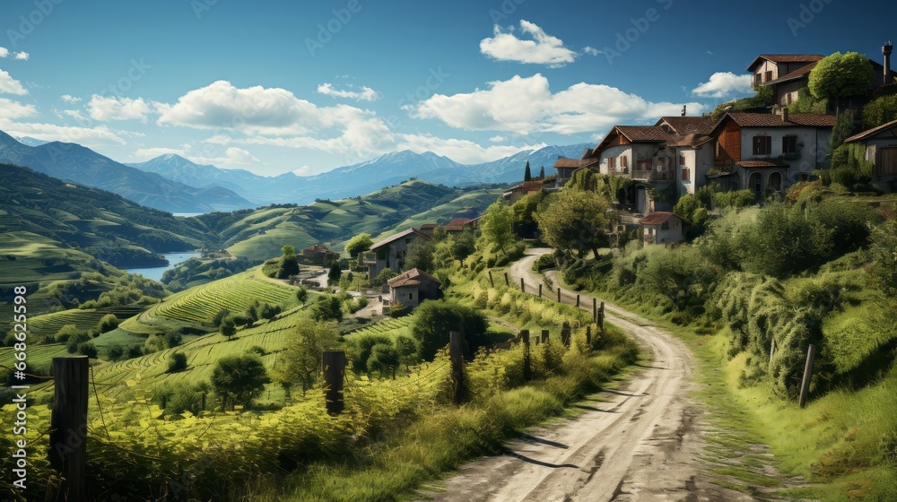 A small Italian village nestled in the country. Generative AI. A small Italian village nestled in the country. Generative AI.