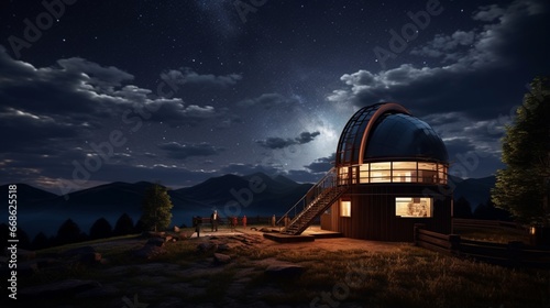 An outdoor observatory with advanced telescopes and interactive stargazing guides.