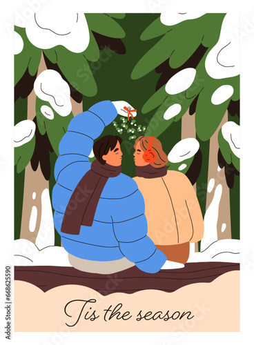 Love couple in winter forest. Happy valentines, romantic man and woman kissin...