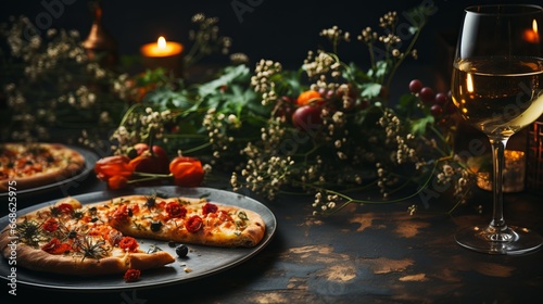 Appetizing pizza and a glass of wine  against the backdrop of fresh greenery. Restaurant serving of a simple flour dish. Delicious fast food.