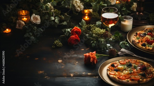 Appetizing pizza and a glass of wine, against the backdrop of fresh greenery. Restaurant serving of a simple flour dish. Delicious fast food.