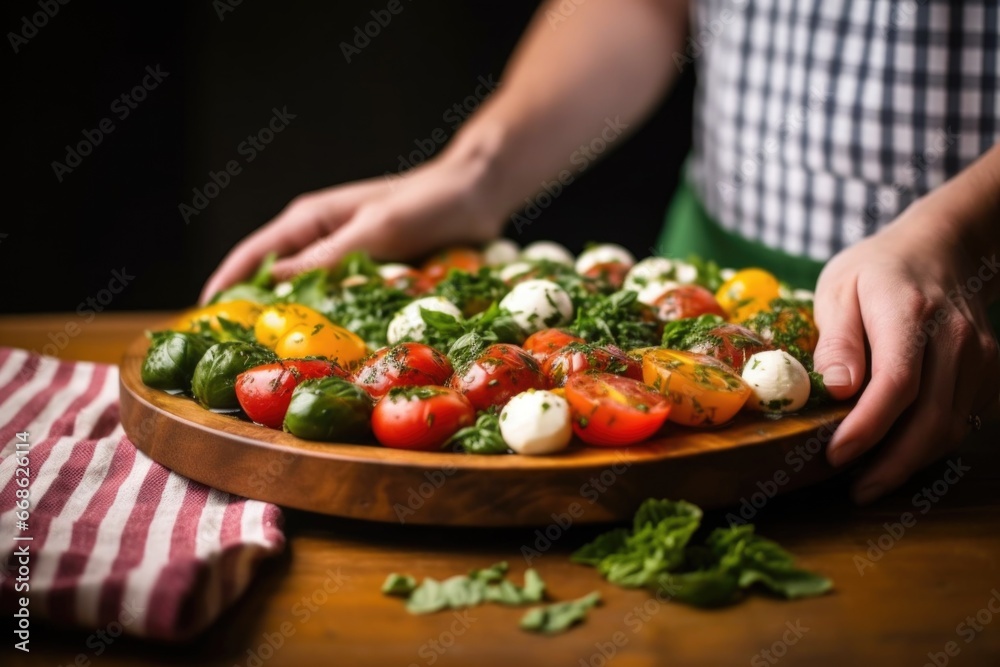 hands presenting a caprese salad on wooden platter