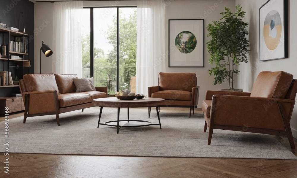 Fototapeta premium Minimalistic Scandinavian design of a cozy house with a fireplace. Bright interior with wood elements.