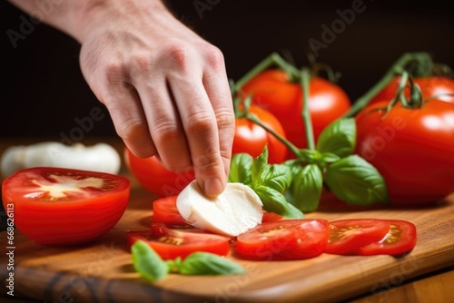 hand placing a slice of ripe tomato on mozzarella