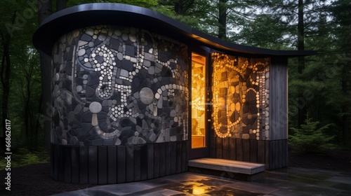 An opulent outdoor sauna with steam vents and textured mosaic walls.